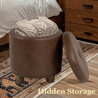 HomePop 18.5" Round Storage Ottoman with Nailheads - Brown Faux Leather - color: Brown Faux Leather