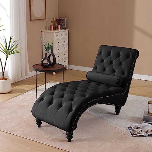 Button-Tufted Chaise Lounge Indoor, Velvet Chaise Lounge Chair with Legs & Toss Pillow, Armless Rolled Backrest Leisure Sofa Recliner for Living Room Bedroom (Black) - color: Black Velvet