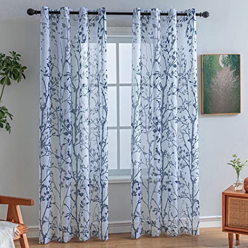 Luvyohmee White Navy Blue Curtains 63 Inch Length 2 Panels, Semi Sheer Window Curtain Drapes for Living Room/Bedroom, Blue Nature Tree Branches Patterned Linen Curtains Grommet W52XL63 - color: Navy Blue, size: 52"W x 63"L (Pack of 2)