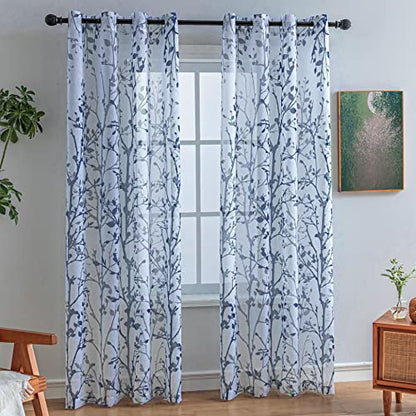 Luvyohmee White Navy Blue Curtains 63 Inch Length 2 Panels, Semi Sheer Window Curtain Drapes for Living Room/Bedroom, Blue Nature Tree Branches Patterned Linen Curtains Grommet W52XL63 - color: Navy Blue, size: 52"W x 63"L (Pack of 2)
