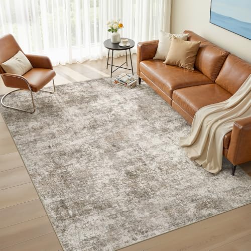 Nakagishi 6X9 Abstract Washable Area Rugs for Living Room-Brown | Modern Non-Slip Silicone Backing Low Pile Soft Carpet for Bedroom Dining Decor Ideal for Families with Kids and Pets - color: Brown-01, size: 6' x 9' (Rectangular)