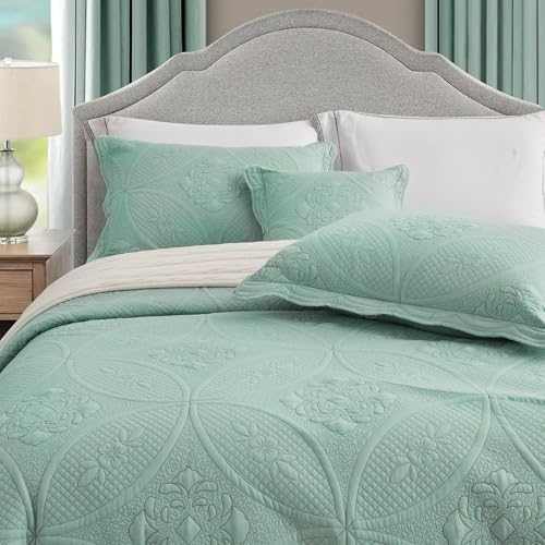 DaisyHuang Bedspread - Full Size Bedding Cover - Modern & Contemporary Coverlet Set, Real Stitching, Reversible, Lightweight, 5 Piece, Seaglass - color: Seaglass, size: Full(96"x110")