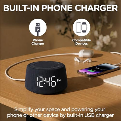 White Noise Alarm Clock for Bedroom, Night Light, Bluetooth Audio | 18 soothing sounds, Bluetooth speaker, ambient light ring, adjustable alarm volume, USB charger, dimmable digital clock - color: Black