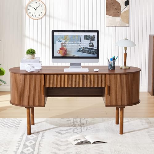 Home Office Oval Desk with Sliding Tambour Door and Drawer, Modern Fluted Wood Executive Computer Storage Desk for Study, Living Room, Bedroom, Office - Walnut - color: Walnut