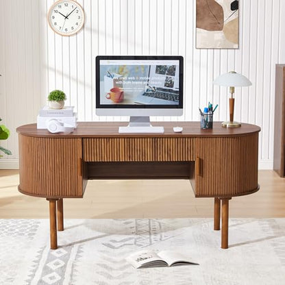 Home Office Oval Desk with Sliding Tambour Door and Drawer, Modern Fluted Wood Executive Computer Storage Desk for Study, Living Room, Bedroom, Office - Walnut - color: Walnut
