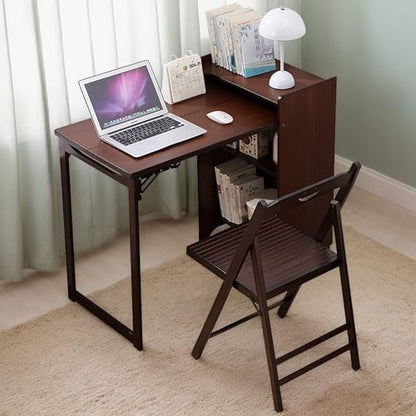 Bamboo Fold Out Desk with Storage, Mid Century Hideaway Desk for Small Spaces, Folding Computer Desk for Home Office Bedroom Apartment, Space Saving - color: Walnut