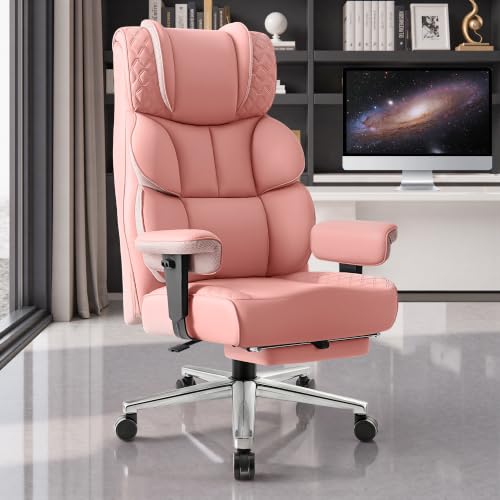 BestGlory Office Desk Chair, Big and Tall Leather Gaming Chair with Footrest, Ergonomic Comfy Executive High-Back Reclining Computer Chairs, Wide Swivel Rolling Wheels and Padded Lumbar Support, Pink - color: Pink, style: 3 Position Reclining