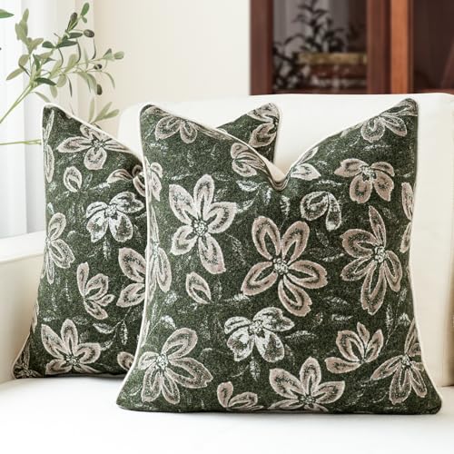 MATTINS 18x18 Vintage Floral Patterned Throw Pillow Covers, Olive Green 2PC | Farmhouse Decorative Pillow Covers, Country Botanical Jacquard Design, Cottage Boho Accent for Sofa, Bed, and Living Room - color: Olive Green, size: 18" x 18" (Pack of 2)