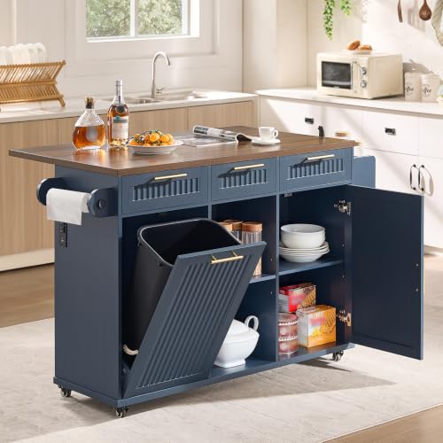 Okvnbjk 57" Rolling Kitchen Island with Storage & Drop Leaf, Navy Blue | Mobile Island with Trash Can Storage Cabinet, Large Island Cart on Wheels with Power Outlet, Spice & Towel Rack - color: Navy Blue