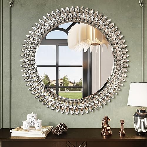 Kelly Miller 32" Jeweled Luxury Round Decorative Wall Mirror | Elegant diamond beveled vanity mirror. Perfect large wall mirror for living room, bedroom, entryway. - size: 32"L x 32"W
