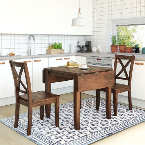 3Pcs Dining Set with Drop Leaf Dining Table and 2 X-Back Chairs, Solid Wood Kitchen Table Set for Small Place (Brown) - color: Brown