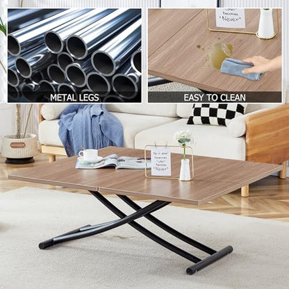 Liftable Folding Dining Table for 4, Adjustable Drop Leaf Table, Folding Coffee Table for Small Spaces, Scratch-Resistant Wood Top with Metal Frame for Apartment Kitchen Living Room - color: Dark Wood-black