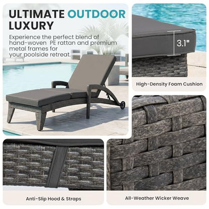 Patio Chaise Lounge Set of 2, Wicker Lounge Chairs Outdoor with Wheels, Wicker Chaise Lounges with Armrests All Weather, Solid Grey - color: Solid Grey, size: 2 pack