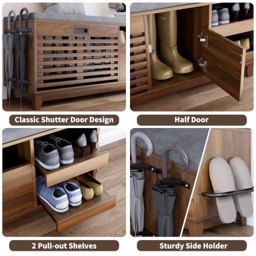 47.2" Shoe Storage Bench with Flip Drawer, 2-Tier Entryway Bench with Padded Seat Cushion & 2 Pull-out Shelves & Semi-open storage, Shoe Rack Bench with Side Holder for Hallway,Bedroom (Walnut)