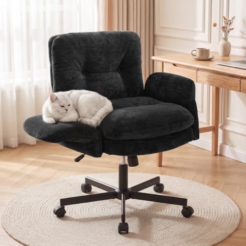 FiveWillowise Cross Legged Office Chair with Flip-up Arms&Low Back,Black | Criss Cross Chair With Thicken Wide Seat,Lounge Makeup Vanity Chairs with Side Pockets,Comfy Home Office Desk Chair,Chenille - color: Black