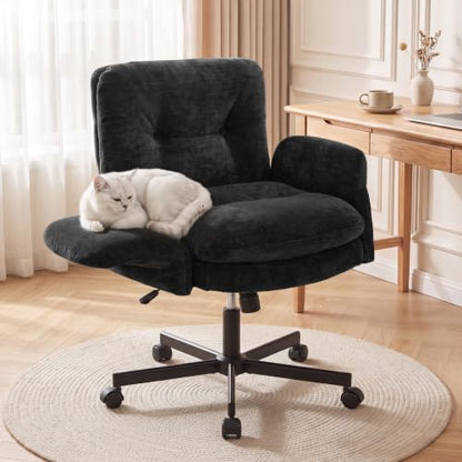 FiveWillowise Cross Legged Office Chair with Flip-up Arms&Low Back,Black | Criss Cross Chair With Thicken Wide Seat,Lounge Makeup Vanity Chairs with Side Pockets,Comfy Home Office Desk Chair,Chenille - color: Black
