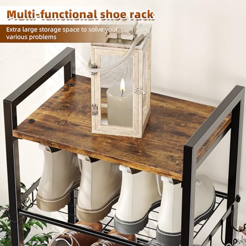Simple Trending 8 Tiers Shoe Rack 16 Pairs Tall Wooden Shoe Shelf, Black | Wooden Plank Shoe Shelf, with Hooks for Closet Entryway, Sturdy Free Standing Shoe Storage Cabinet, 18"D x 11.37"W x 57.2"H - size: 8 Tiers