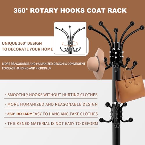 Coat Rack Stand 360°Rotary Coat Rack Freestanding with 16 Hooks | Modern Metal Coat Rack with Natural Marble Base,Coat Hanger Stand, Black Coat Hall Clothes Tree for Hallway,Entryway,Office - color: Black-16Hooks