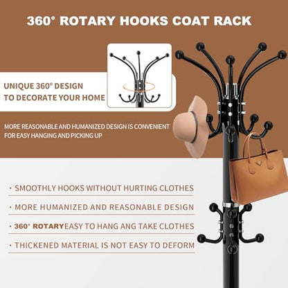 Coat Rack Stand 360°Rotary Coat Rack Freestanding with 16 Hooks | Modern Metal Coat Rack with Natural Marble Base,Coat Hanger Stand, Black Coat Hall Clothes Tree for Hallway,Entryway,Office - color: Black-16Hooks