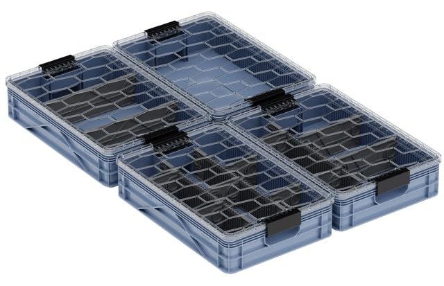 Quarter Crate 4-Pack Stackable Storage Bins, Navy Gray | Polypropylene, 14 dividers included, 19.16x12.75x4.57 in, over 1000 lb stack, lids sold separately - color: Navy Gray