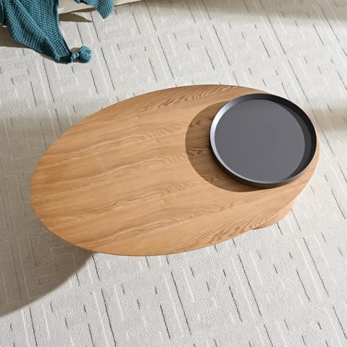 47.24" Modern Coffee Table with Storage Space, Round Low End Table, Rustic Style Bedside Table for Bedroom Living Room - color: Oval+tray-natural