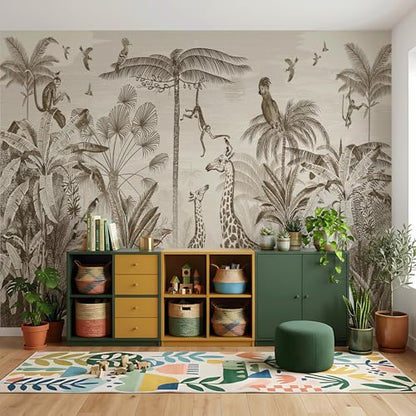 ASJ Kids Nursery Peel and Stick Wallpaper Mural, Safari Giraffe Sepia | Seamless edge-to-edge match. Monkey & birds etching artwork, 118x78 in, premium fabric, boys girls room playroom. - color: Sepia, size: 118" x 78"