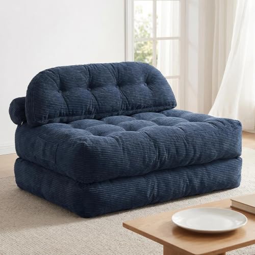 Convertible Corduroy Floor Sofa, 3-in-1 Folding Lazy Sofa Bed with Adjustable Backrest, Soft Bean Bag Chair Lounger for Living Room, Bedroom, Guest Room, Oversized Sleeper Chair - color: Blue, size: Full