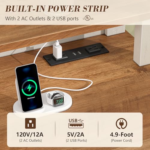 47" Farmhouse Computer Desk with 4 Drawers for Home Office, Bedroom | Executive Desk with Power Outlets, Home Office Desk with Monitor Stand, Small Desk Writing Study Table, Antique White - color: Brown and White