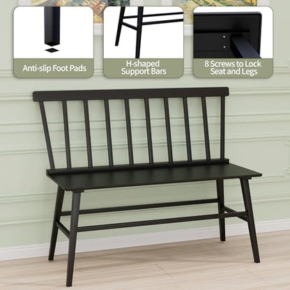 APRTAT Bamboo Entryway Bench, Dining Bench with Spindle Back (Black) | Natural Bamboo & H-Shaped Support, Spindle Back, Ideal for entryways, bedrooms, outdoor settings, Easy Assembly & Clean - color: Black, style: Without Arms