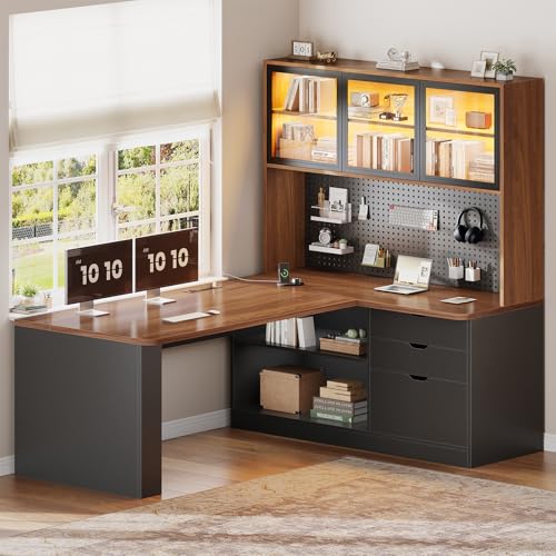 SEDETA L Shaped Computer Office Desk with 3 Wood Drawer and Large Bookshelf | L Shaped Corner Gaming Desk with LED Light, Display Cabinet and Pegboard, 27.5" W Large Desktop Table, Brown - color: Brown