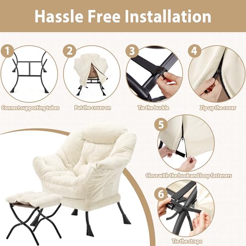 Youtanic Lazy Chair with Folding Ottoman, Accent Chair Plush Upholstered with Metal Structure and Non-Slip Pads, Sofa Armchair with Footrest and Side Storage Bag for Dorm, Room, Office, Beige - color: Plush Beige-f