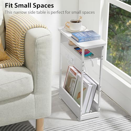 YEAKOO Narrow Side Table with Charging Station, 3-Tier End Table with 2 USB Ports & Power Outlets,Thin Sofa Side Table for Narrow and Small Spaces, Bedside Table Nightstand for Living Room,White - color: White