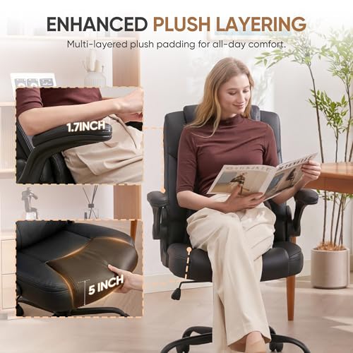Home Office Chair with Lumbar Support, 5" Thickened Seat, Small PU Leather Rocking Desk Chair, Comfy Computer Chairs with Rolling Wheels & Adjustable Armrests for Adults, Black - color: Black