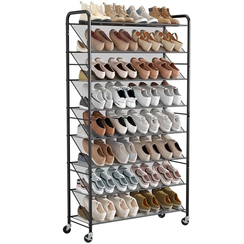 STORAGE MANIAC Tall Shoe Rack, 8 Tiers Shoe Organizer with Lockable Wheels for Entryway, Closet, Hallway, Double-Sided Vinyl Mesh Shelf Shoe Storage, Holds 60 Paris, Black