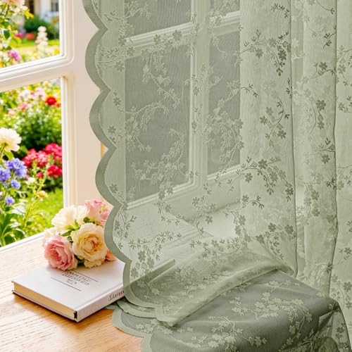 Vintage Floral Lace Sheer Curtains 96 Inches Long 2 Panels, Flower Branch Pattern, Scalloped Edge, Easy Rod Pocket, Romantic Drapes for Bedroom Living Room (W52xL96) Sage Green - color: Sagegreendream, size: 52"W x 96"L (Pack of 2)