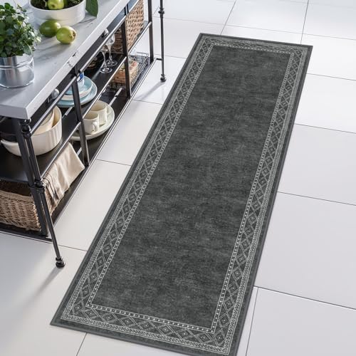 Lahome Modern Bordered Rug Runners for Hallways Non Slip, Ultra-Thin 2x6 Kitchen Runner Rugs Non Skid Washable, No Shedding Soft Hallway Runner Rug for Bedroom Entryway Laundry Room (2x6ft,Gray) - color: Grey, size: 2' x 6'