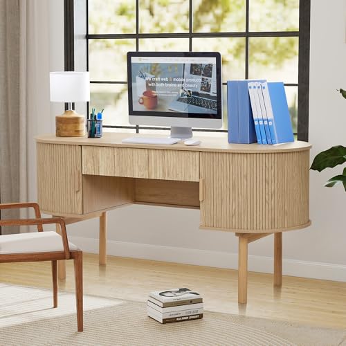 Home Office Oval Desk with Sliding Tambour Door and Drawer, Modern Fluted Wood Executive Computer Storage Desk for Study, Living Room, Bedroom, Office - Natural - color: Natural