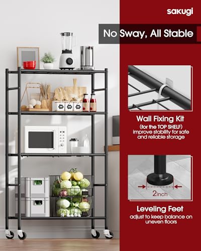 Sakugi 4-Tier Storage Shelves 33.1" x12.6" x58.9" Black with Wheels | Kitchen, Closet, Pantry, Garage, Heavy Duty, Adjustable Feet, Metal Construction - color: Black, size: 33.1W x 12.6D x 58.9H(4T)