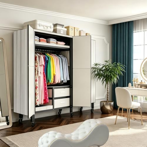 Portable Closet with Drawers Heavy Duty with Cover, KT-Grey, L:66in/168cm | Foldable Portable Armoire Wardrobe Closet for Hanging Clothes Rack and Wheel, Garment Rack for Bedroom Storage - color: Kt Grey, size: L:66in/168cm