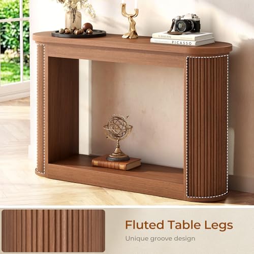 43" Oval Fluted Console Table, Mid-Century Modern Narrow Skinny Entryway Table with Open Storage Shelf, Sofa Table Behind Couch for Hallway Foyer Living Room, Walnut Brown