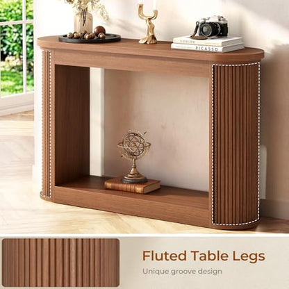 43" Oval Fluted Console Table, Mid-Century Modern Narrow Skinny Entryway Table with Open Storage Shelf, Sofa Table Behind Couch for Hallway Foyer Living Room, Walnut Brown