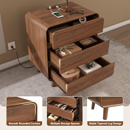 Nasonet 27.7'' Tall Night Stands Set of 2 with Charging Station, Mid-Century Modern Large Bedside Table with Outlets, Wide Wood End Table for Bedroom, Walnut - color: Walnut, size: 3 Drawers