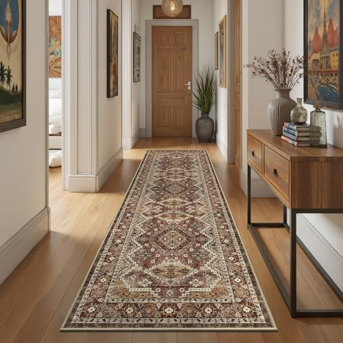 Rugland 2'6x8' Runner Rug, TPR07-Rust, Vintage Tribal, Stain Resistant, Anti-Slip Backing, Machine Washable, Low Pile, Indoor, Rug | Low Pile, Soft & Lighweight, Folable, Stain Resistant Tribal 2.5x8ft Carpet Runners for Entryway,Kitchen,Living Room,Bedro