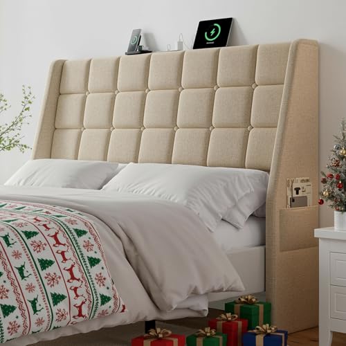 Ergonomic Upholstered Headboard Queen Size w/Charging Station, Linen Wingback Headboards w/Storage Pocket, Queen Headboard Only, Bed Frame Adapters, Sturdy Stable Solid Wood Bed Head Board, Beige - color: Beige, size: Queen