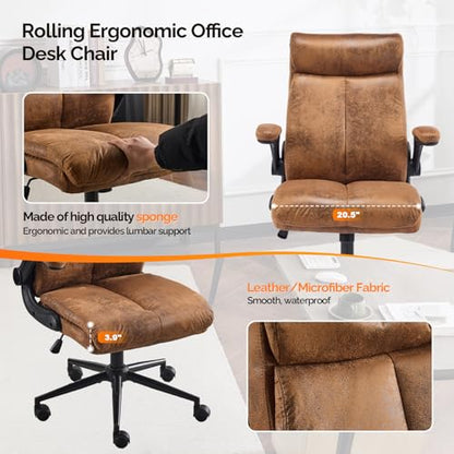 VINGLI Microfiber Brown Rolling Ergonomic Office Desk Chair with Padded Flip-up Arms, 360°Swivel High Back Executive Computer Chair with Wheels for Game，Home Small Space, Study Room, Reading Room - color: Microfiber-brown
