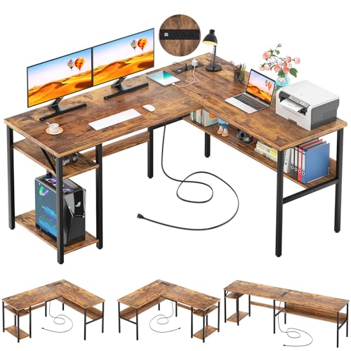 Unikito L Shaped Computer Desk with Magic Power Outlets and USB Charging Port, Sturdy Reversible Corner Desk with Storage Shelves, Modern Work Desk for Home Office, Easy to Assemble, Rustic Brown - color: Rustic Brown