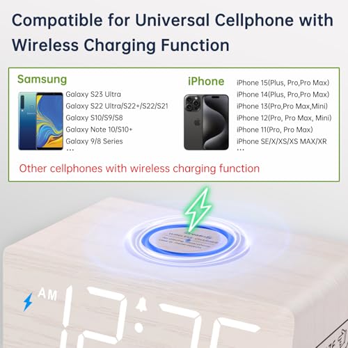 DreamSky Wooden Digital Alarm Clock with Wireless Charging for Bedroom | Bedside Nightstand Clock with Charger Station, USB Port, Large Numbers, Adjustable Volume, Brightness Dimmer, DST - color: White