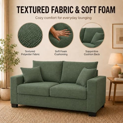 69'' Loveseat Sofa,Modern Fabric 2-Seater Sofa with 2 Pillows(Dark Green) | Small Couches for Living Room, Office,Apartment, Small Spaces,21 in Deep Seat - color: Dark Green