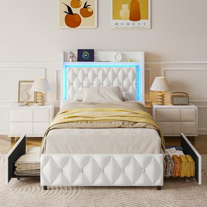 Twin Bed Frame with LED Lights & Charging Station, Upholstered Bed Frame Twin Size with Storage Headboard & 2 Drawers, Diamond Tufted, Curved Wingback, PU Leather, No Box Spring Needed, White - color: White, size: Twin