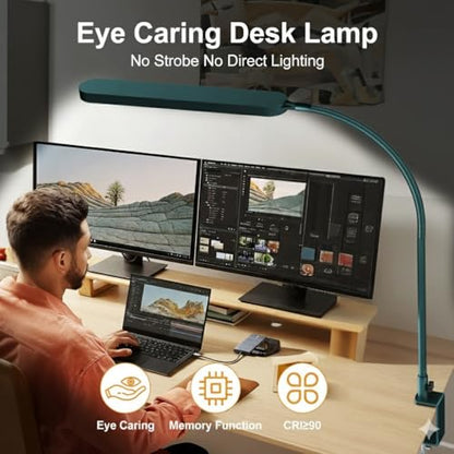 LED Desk Lamp - Desk Light for Home Office - Flexible Gooseneck - 5 Color Modes X 11 Brightness Levels - 1300LM - Timmer & Memory Function - 12W Clip on Light - Green - style: Green gooseneck
